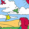 Girl  and birds in the field coloring